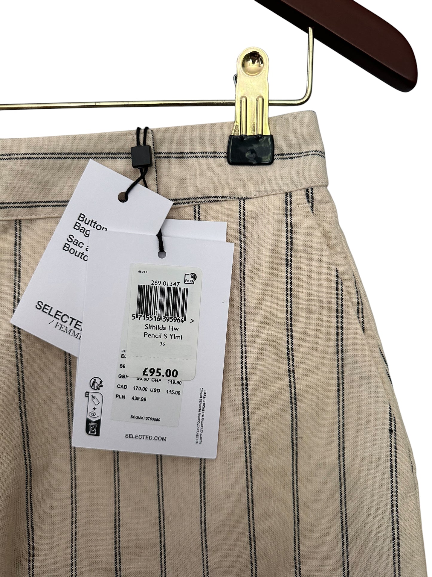 Anthropologie Selected Femme Pinstripe Pencil Skirt Cream With Front Slit UK 6