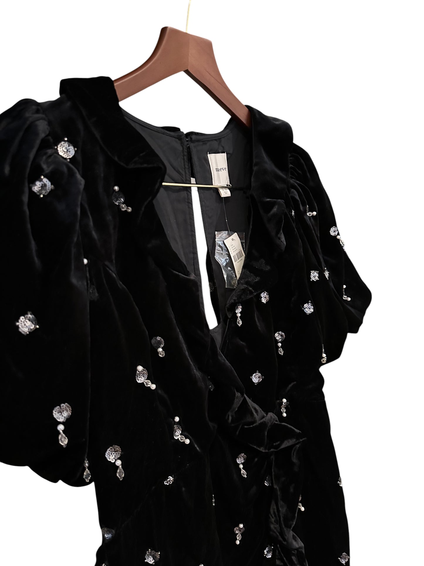 Anthropologie Black Maeve Puff Short-Sleeve Ruffle Embellished Velvet Mini Dress - UK 12 RRP 180