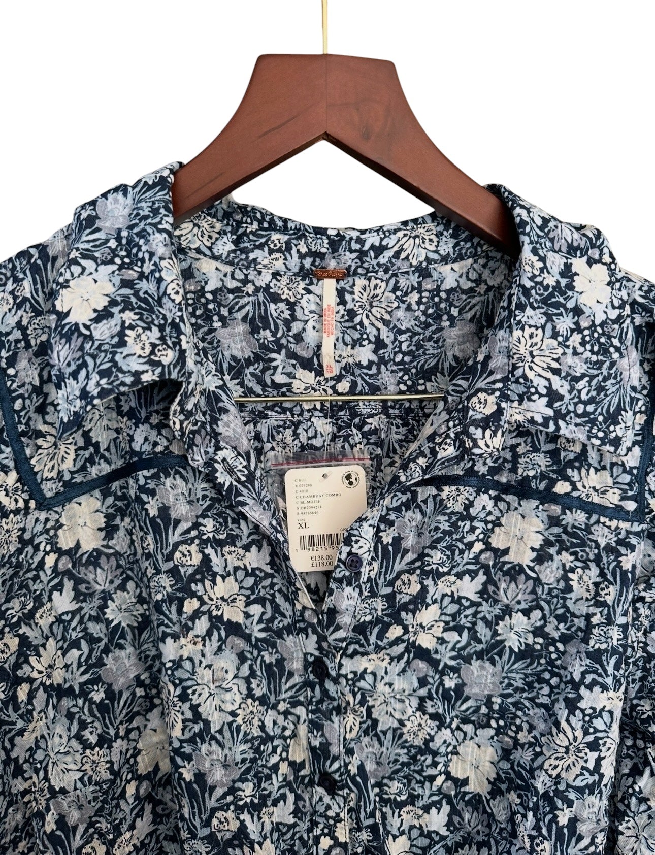 Free People Printed Daybreak Floral Blouse in Blue Chambray Combo - Size XL
