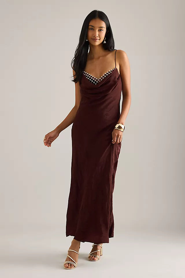 Anthropologie Burgundy Maxi Dress Satin Jacquard Pearl Neckline Size L