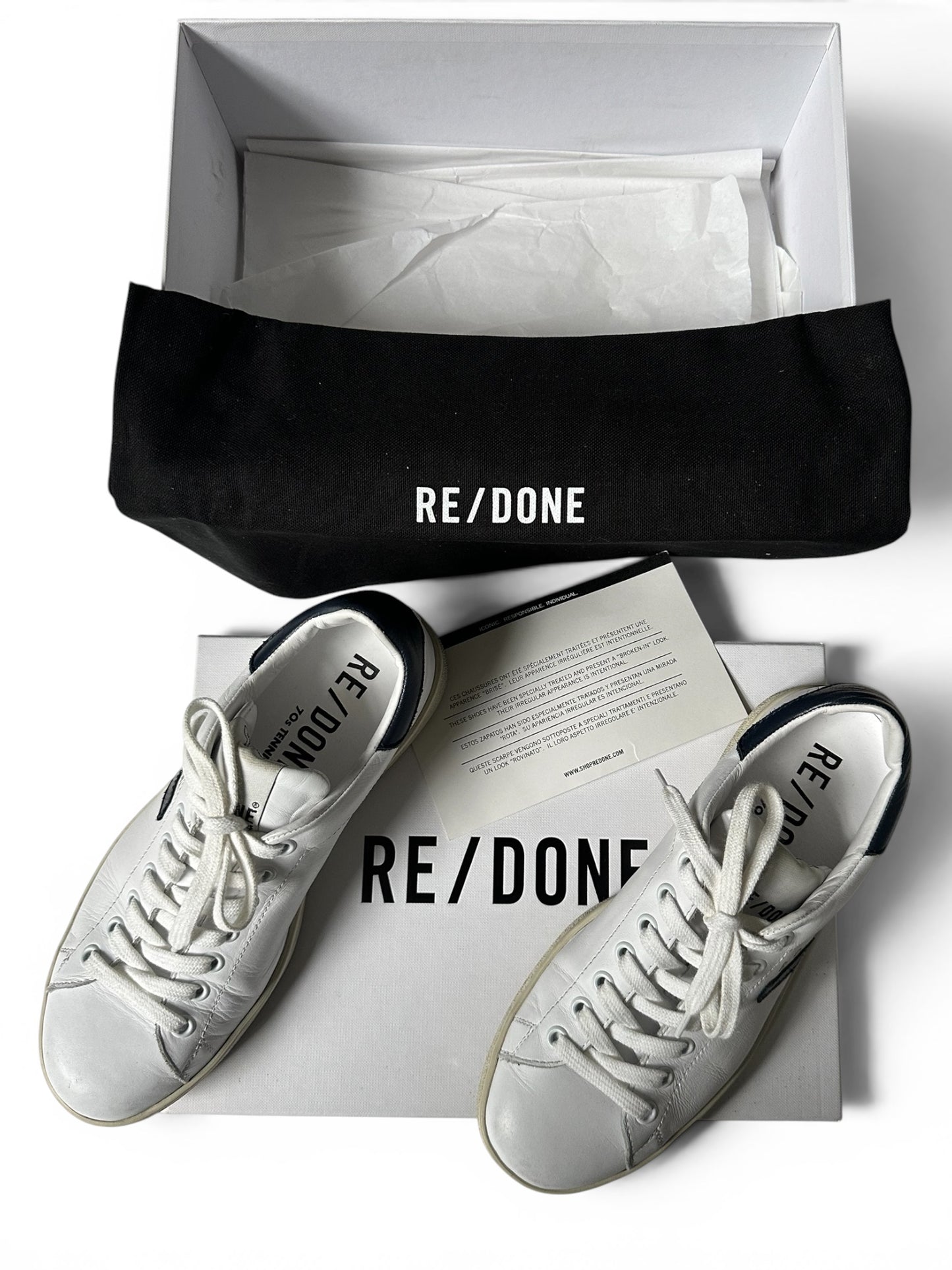 RE/DONE 70s Tennis Sneakers in distressed White leather / Navy Size 36 UK 3