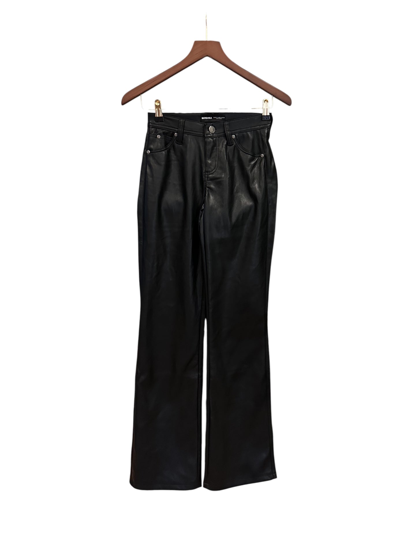 Bershka Black Faux Leather High Waisted Straight Leg Trousers - EU 32 - UK 4