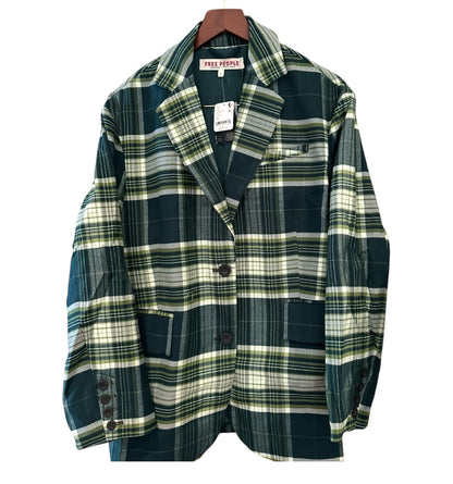 RRP 168 Free People Green Checkered Oversized Blazer - Green Plaid - Size XS