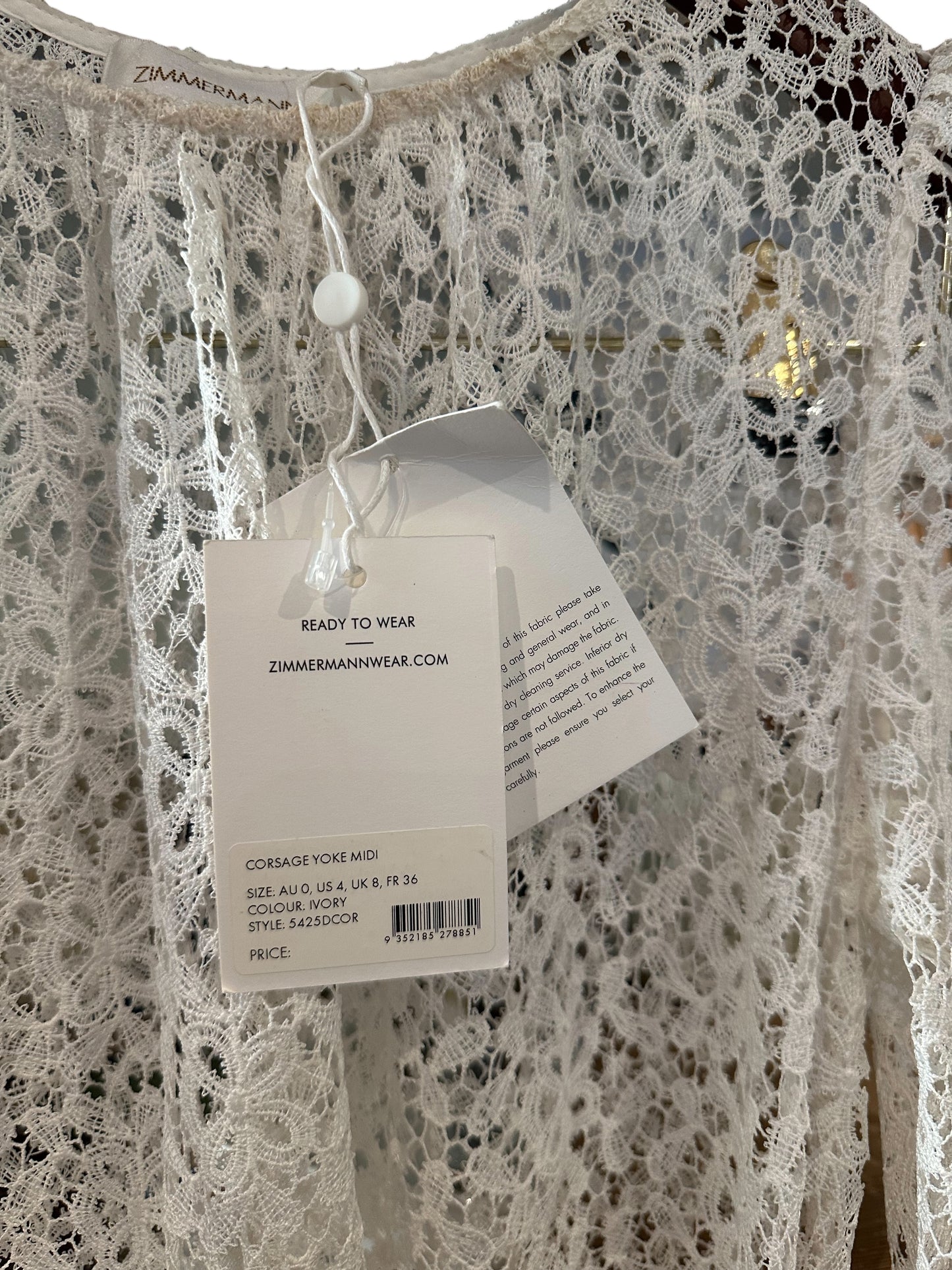 Zimmermann Corsage Yoke Long Sleeved Lace Midi Dress Ivory - Size 0 UK 8