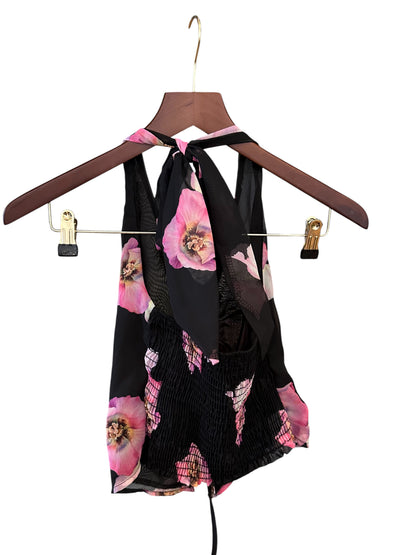 Urban Outfitters Silence + Noise Black Adriana Floral Ruched Halter Top Size XS