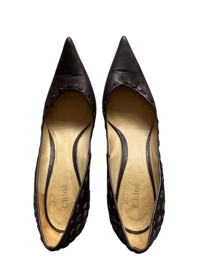 Rare Vintage Chloe Brown Leather Ribbon Knit Heeled Pumps EU 39 / UK 6