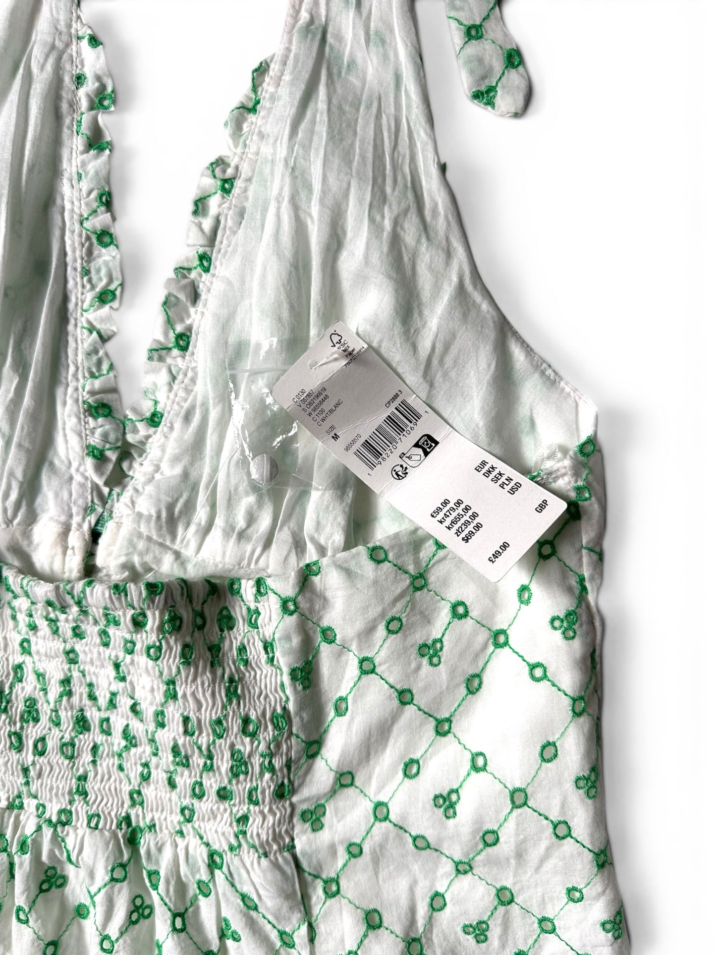 Urban Outfitters Kimchi Blue Cotton Embroidered Halter Mini Dress White Green - Size M