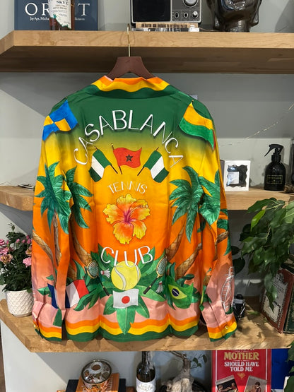 Casablanca Unisex Silk Twill Cuban Collar Long Sleeve Shirt Tennis Club En Fleur - Size S