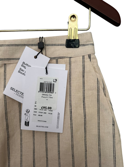 Anthropologie Selected Femme Pinstripe Pencil Skirt Cream With Front Slit UK 6