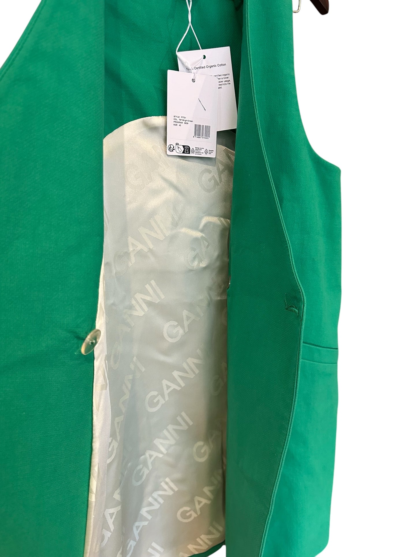 Ganni 100% Organic Cotton Bright Green Vest  - Size 42 UK 14 RRP 375