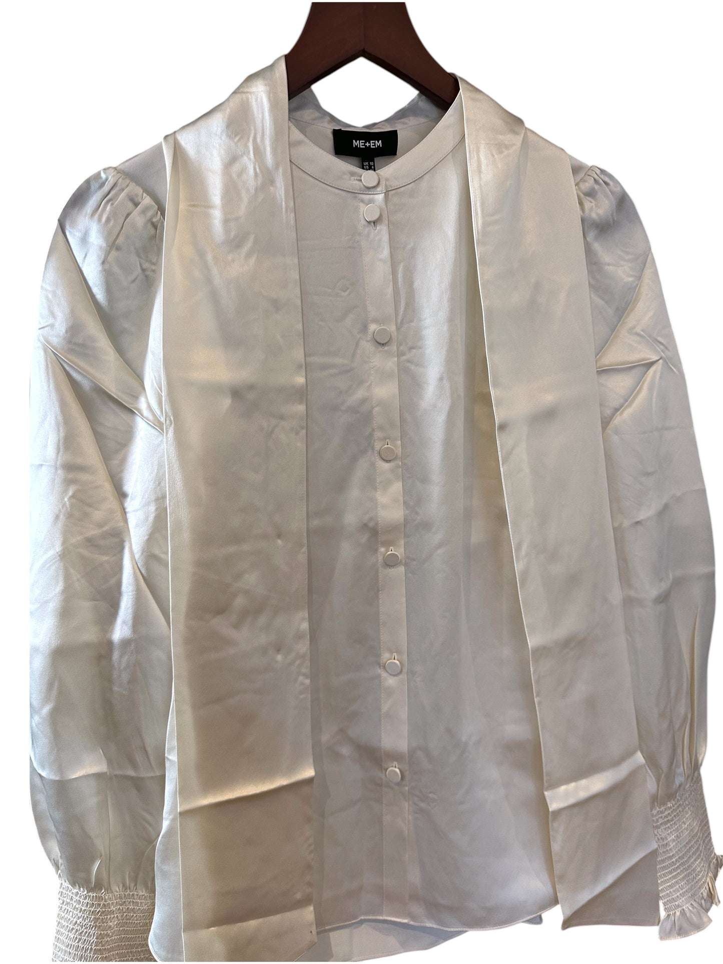 Me & Em Straight Blouse + Tie Light Cream - 100% Silk Satin - UK 10 RRP 250