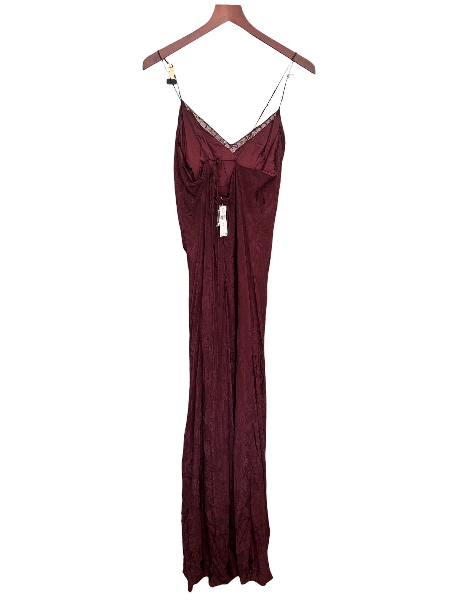 Anthropologie Burgundy Maxi Dress Satin Jacquard Pearl Neckline Size L - RRP 168