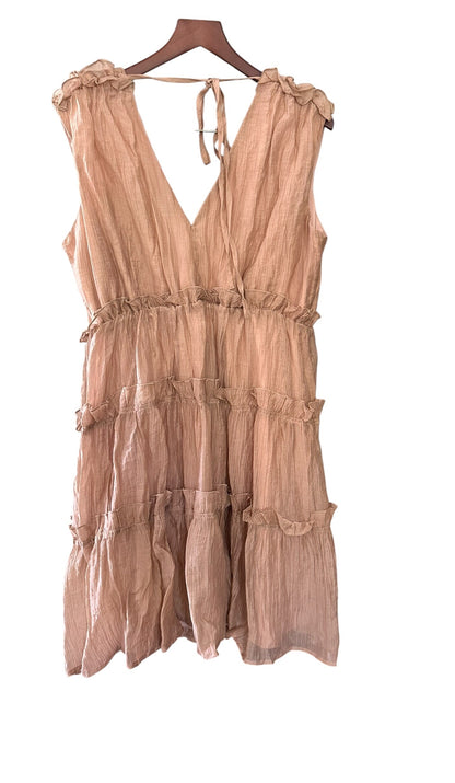 Oasis Tiered Detail V Neck Mini Dress in Mocha - UK 16