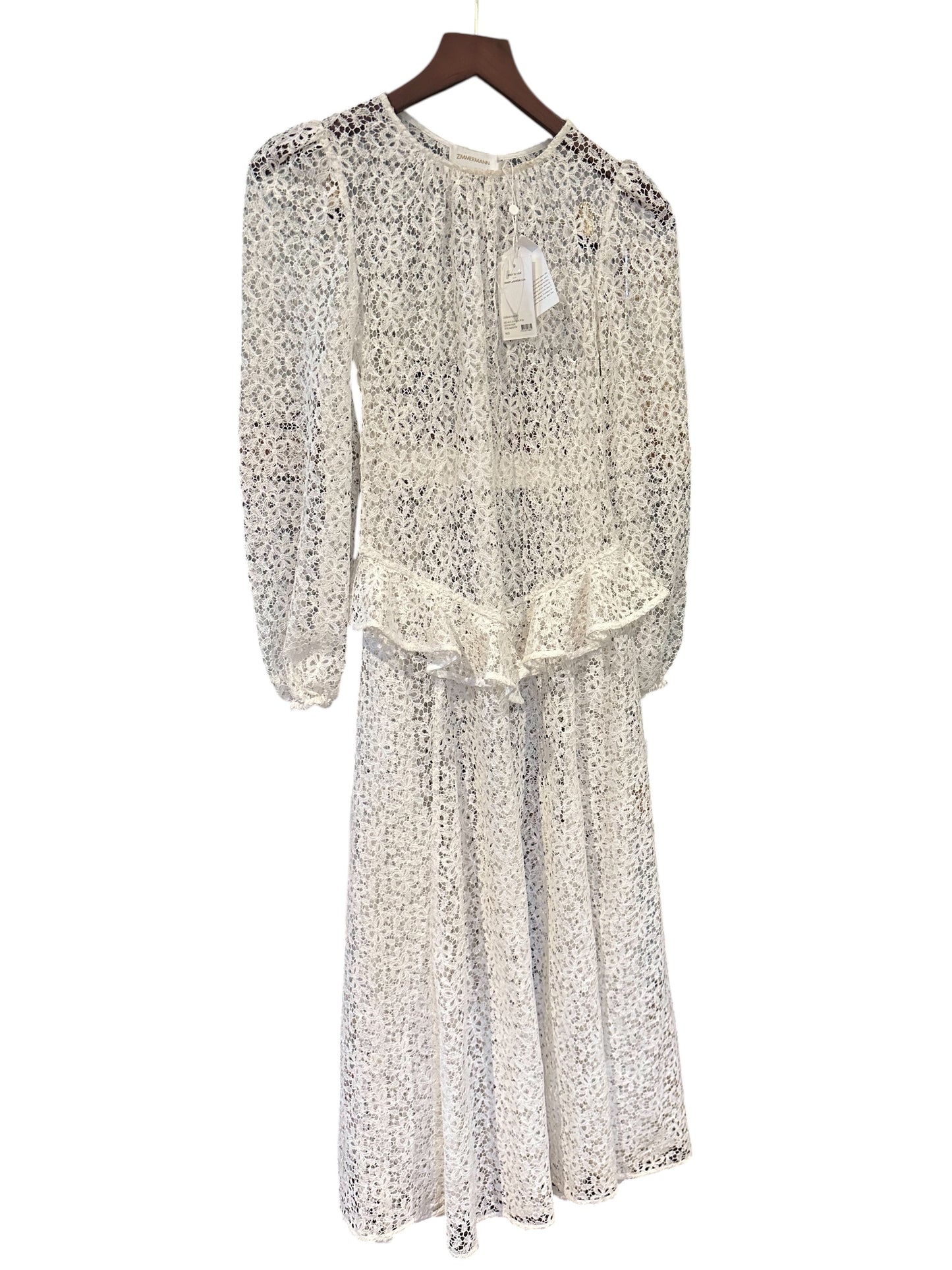 Zimmermann Corsage Yoke Long Sleeved Lace Midi Dress Ivory - Size 0 UK 8