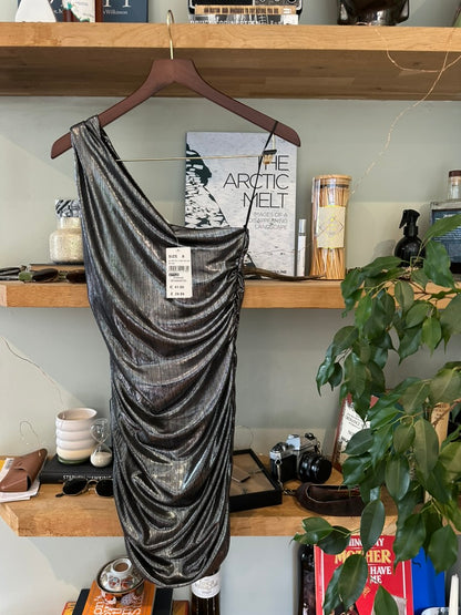 RRP 29.99 Quiz Silver Foil Bodycon One Shoulder Dress - Ruched Sides - UK 8