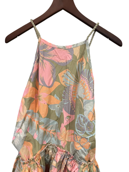 Free People Deserted Island Patterned Mini Dress Open Back - Khaki Soft Pink - Size S RRP 118