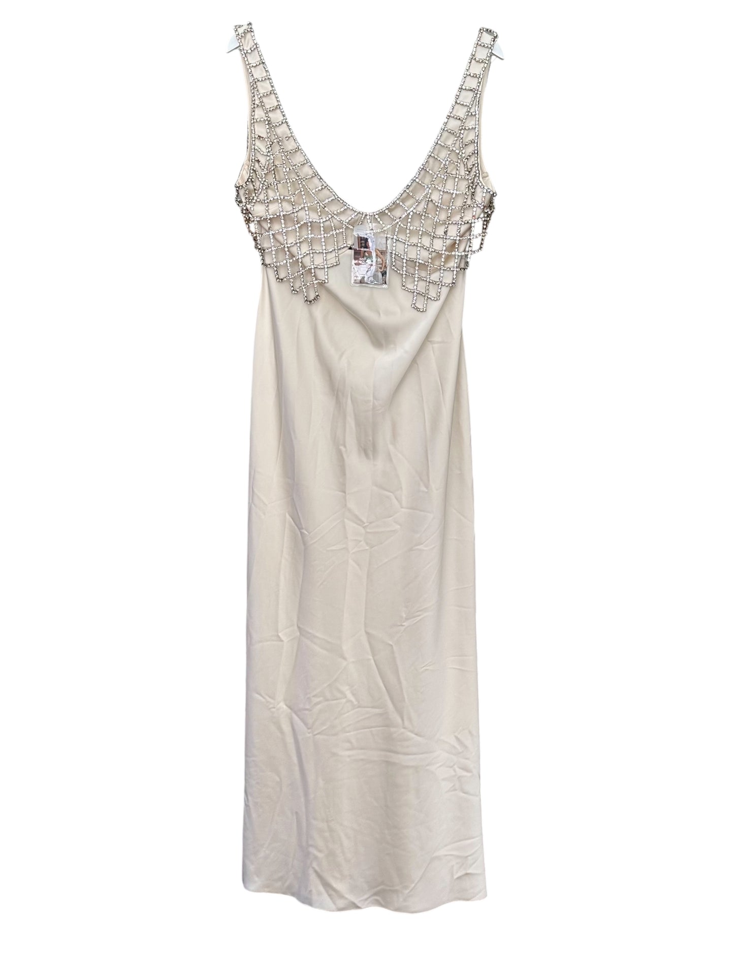 RRP 440 Self Portrait Cream Satin Diamanté Bralette Maxi Dress - UK 16