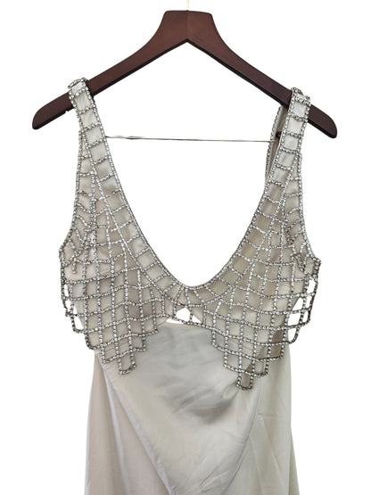 RRP 440 Self Portrait Cream Satin Diamanté Bralette Maxi Dress - UK 16