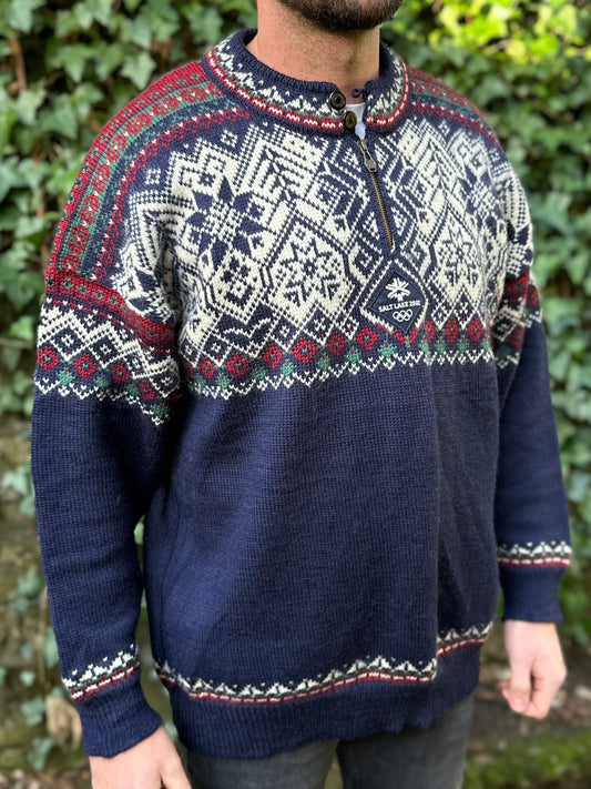 Vintage Dale Of Norway 2002 Salt Lake Olympics Official Merchandise in Navy Burgundy White - Size XXL