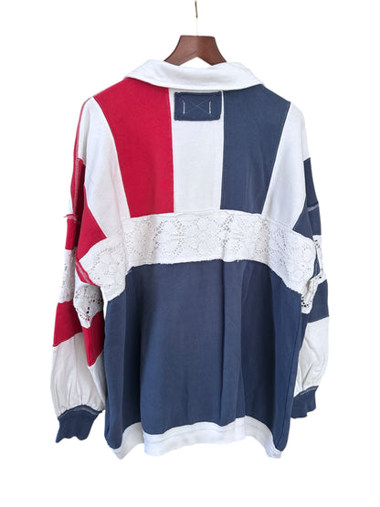 Free People American Dream Polo Shirt Red Navy White Jumper - Size S