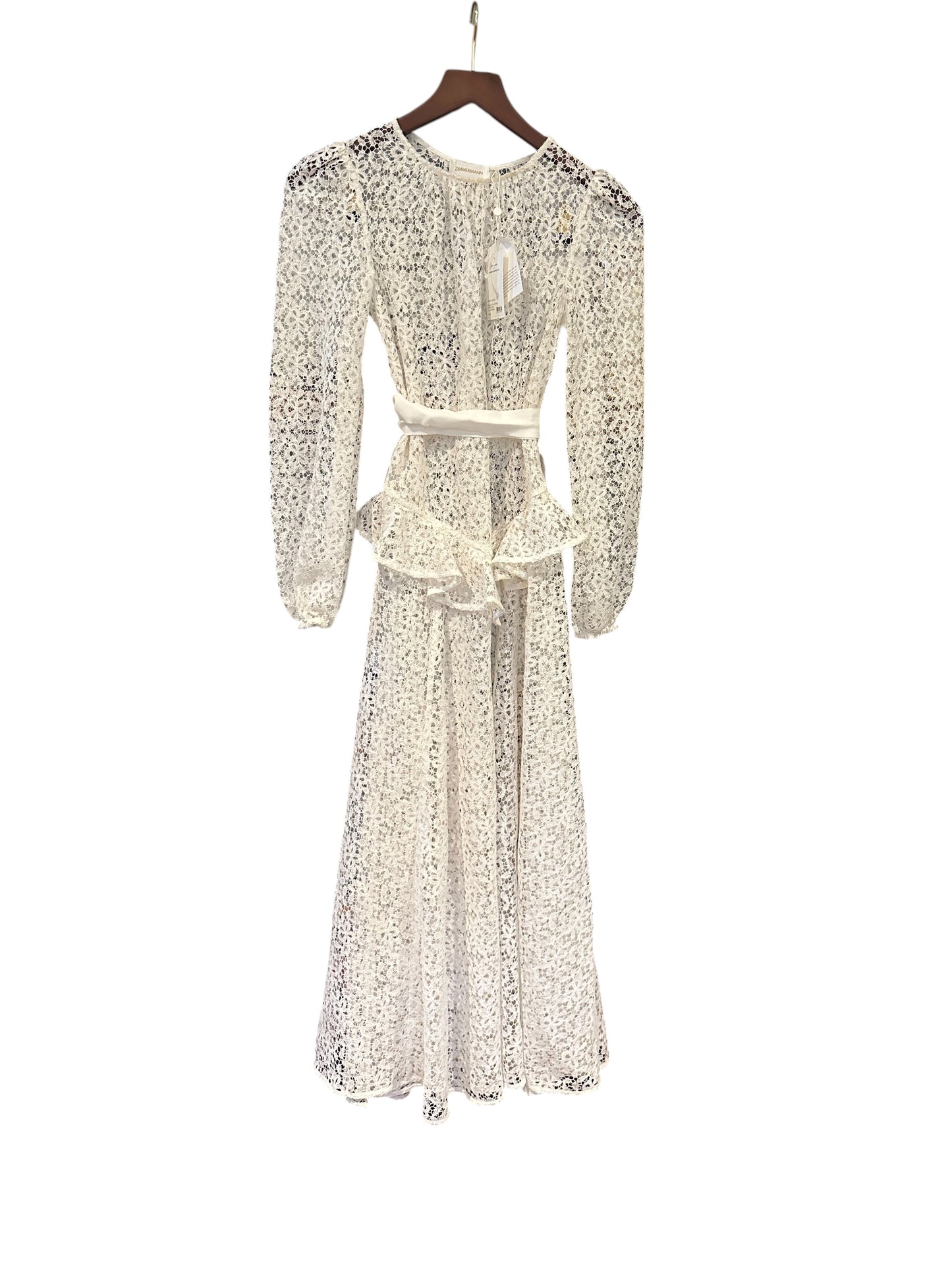 Zimmermann Corsage Yoke Long Sleeved Lace Midi Dress Ivory - Size 0 UK 8