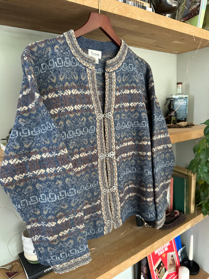 Vintage Cambridge 100% Wool Fair-Isle Cardigan in Blue Brown Beige - Size S