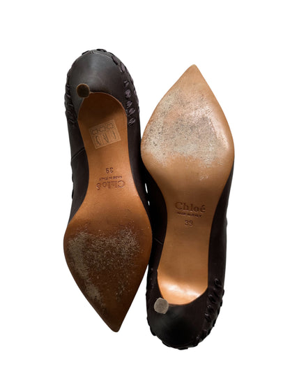 Rare Vintage Chloe Brown Leather Ribbon Knit Heeled Pumps EU 39 / UK 6