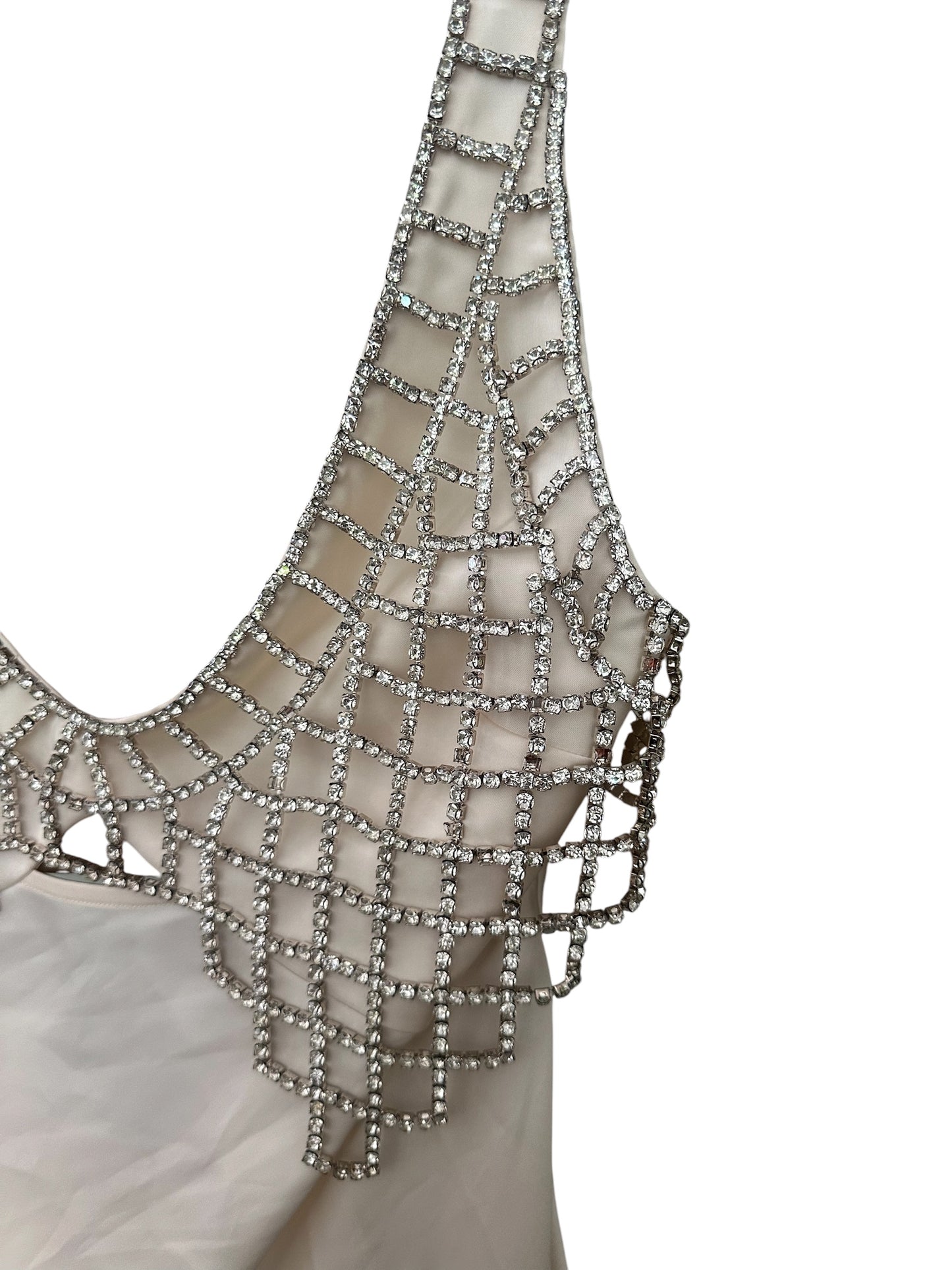 RRP 440 Self Portrait Cream Satin Diamanté Bralette Maxi Dress - UK 16