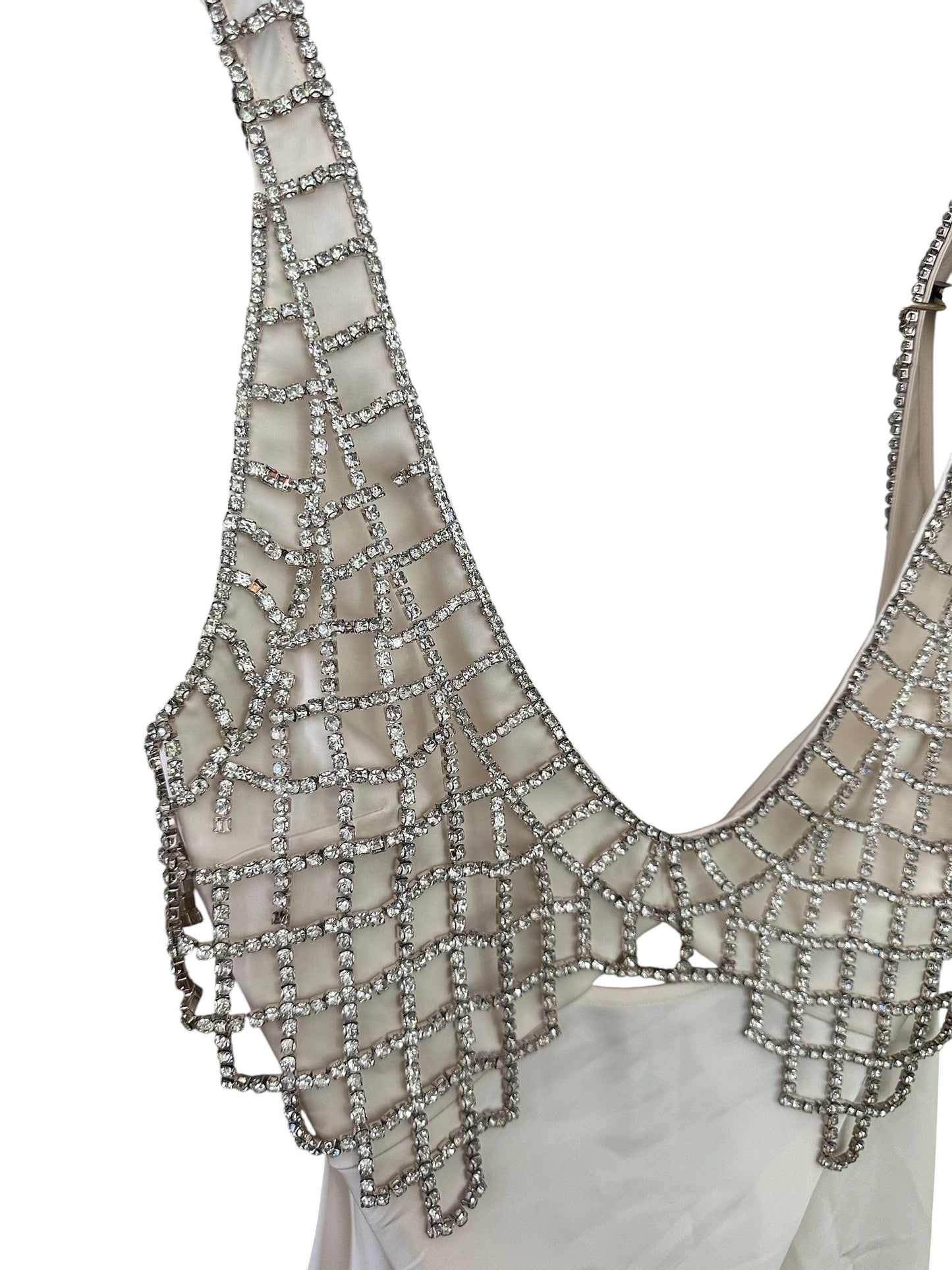 RRP 440 Self Portrait Cream Satin Diamanté Bralette Maxi Dress - UK 16