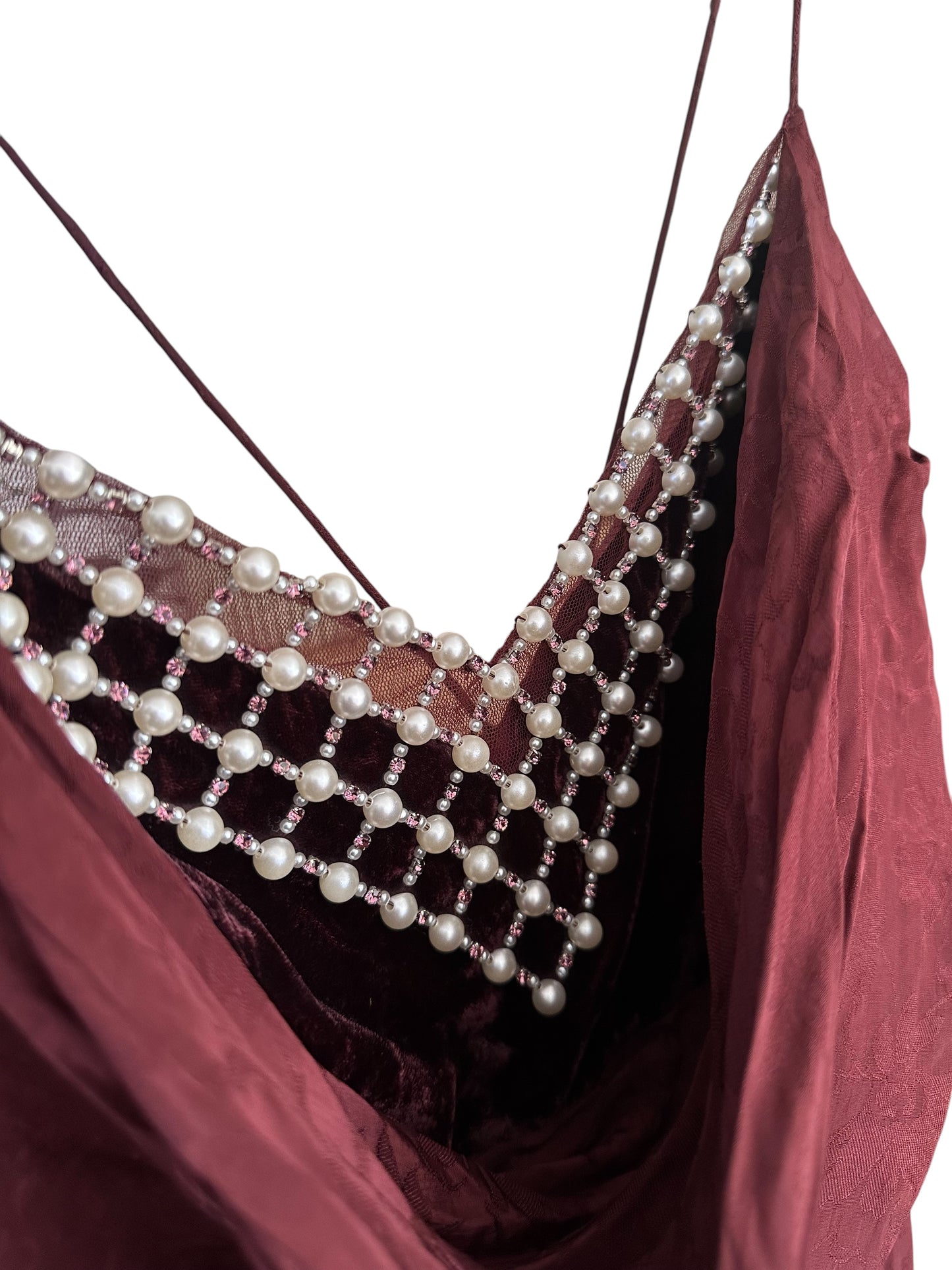 Anthropologie Burgundy Maxi Dress Satin Jacquard Pearl Neckline Size L - RRP 168