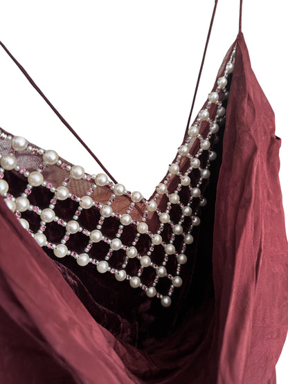 Anthropologie Burgundy Maxi Dress Satin Jacquard Pearl Neckline Size L - RRP 168