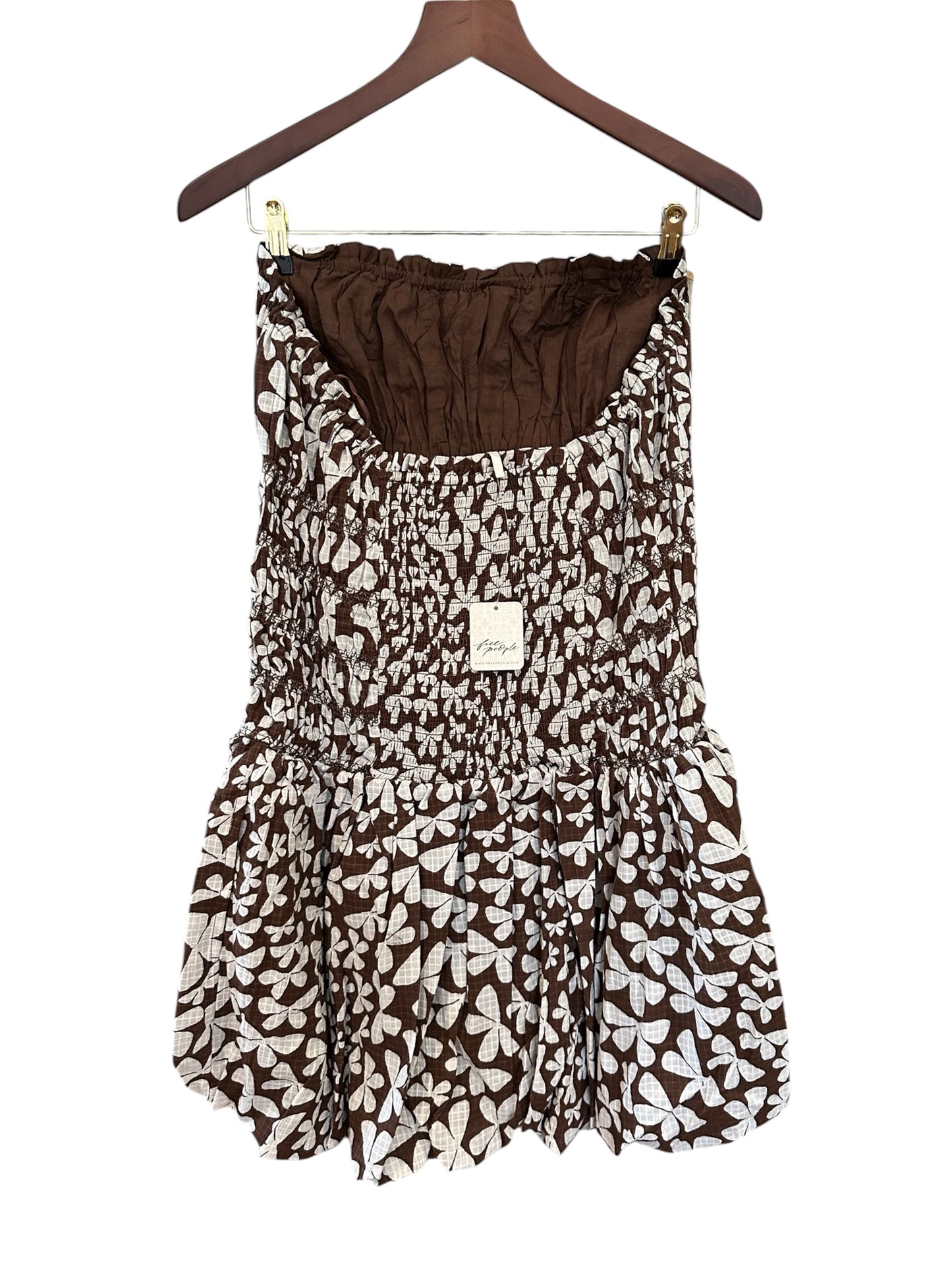 Free People Annalise Mini Dress Dropped Waist Bubble hem - Brown Cream Combo Size L