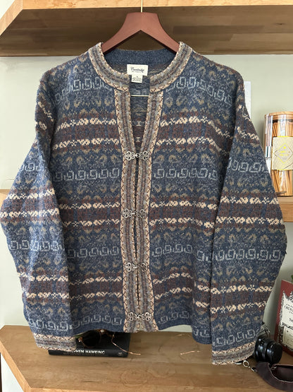 Vintage Cambridge 100% Wool Fair-Isle Cardigan in Blue Brown Beige - Size S