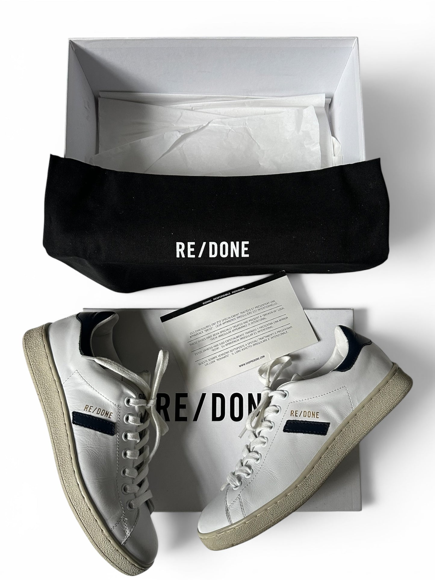 RE/DONE 70s Tennis Sneakers in distressed White leather / Navy Size 36 UK 3