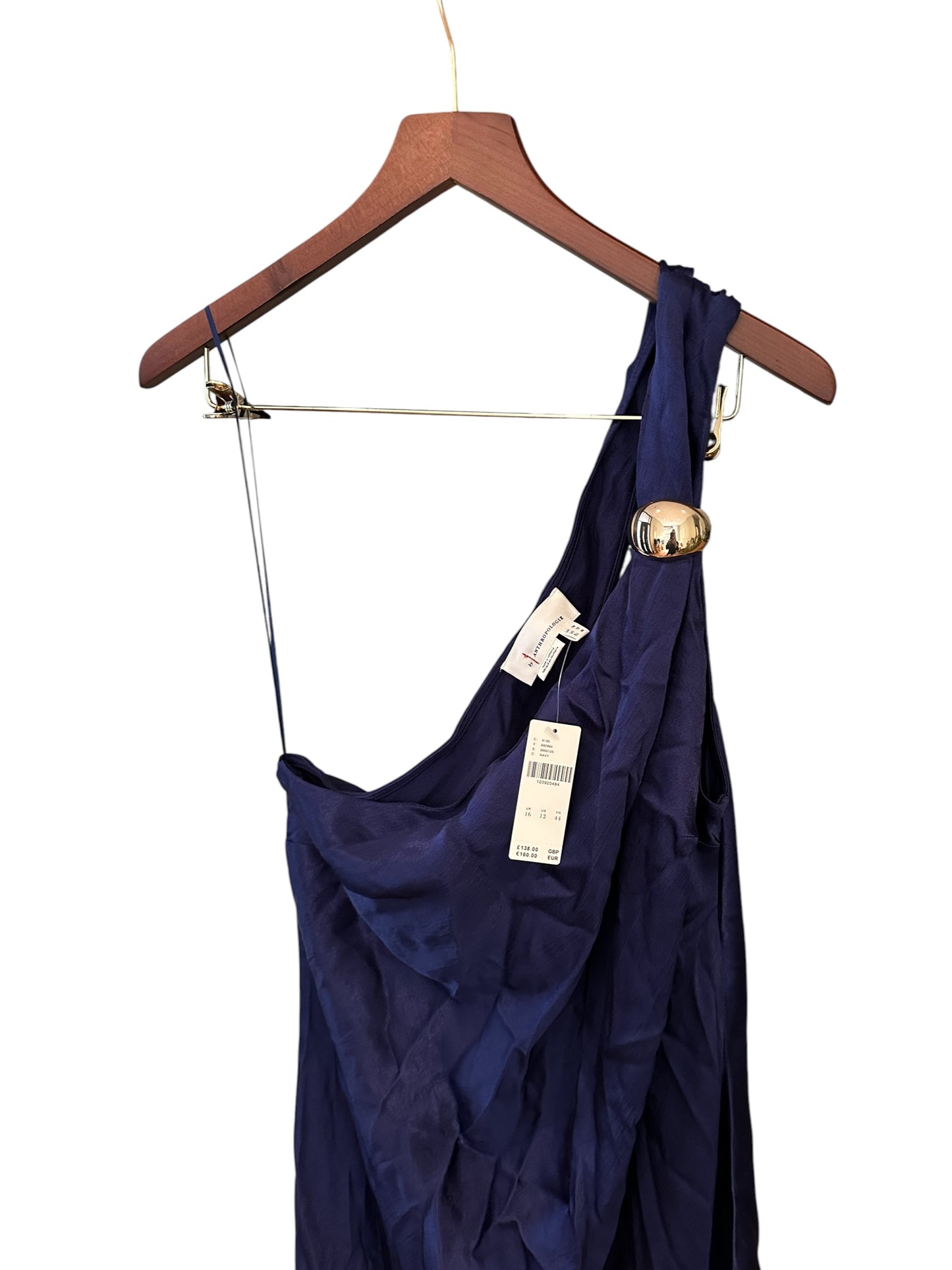 Anthropologie Navy Gold One Shoulder Maxi Dress Gown UK 16 - RRP 138