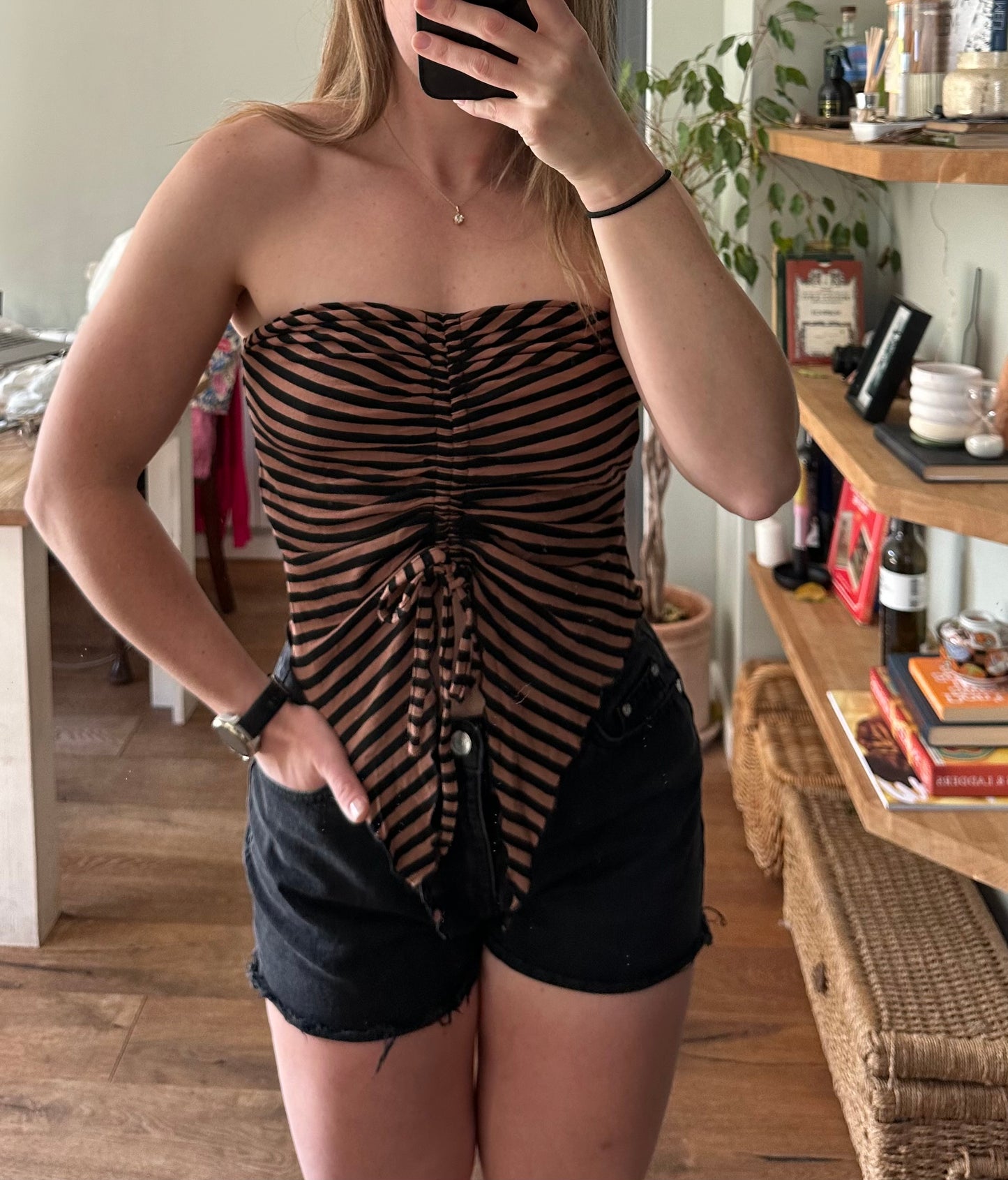 Striped Bandeau Top - Urban Outfitters Off Shoulder Drawstring Crop Shirt Size M