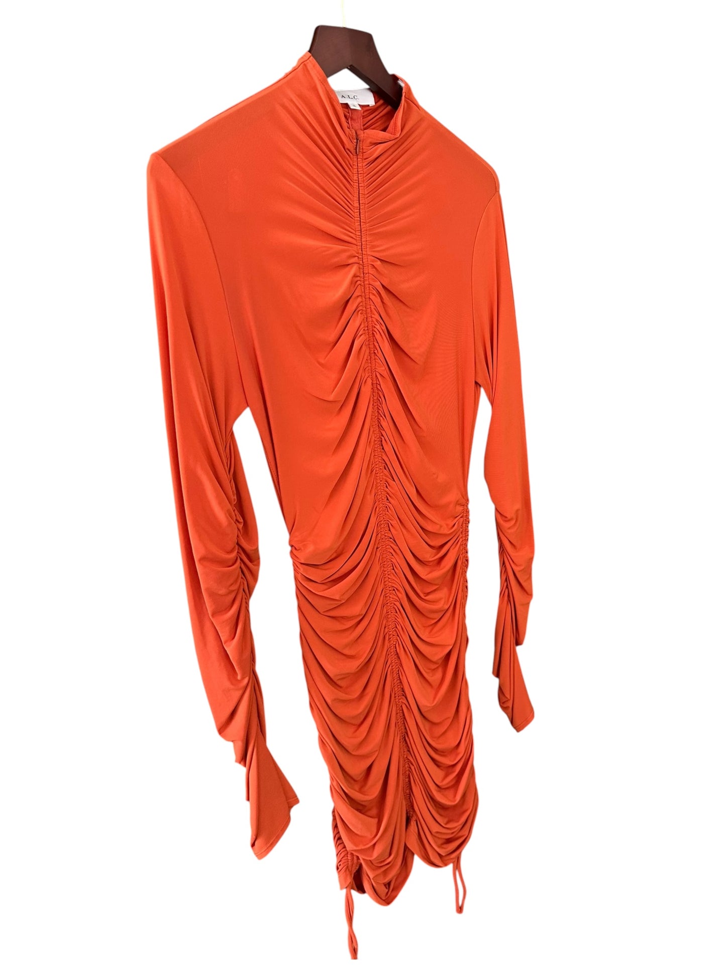 A.L.C. Women's Orange Nolan Zip Ruched Mock Neck Mini Dress Size XL UK 16-18