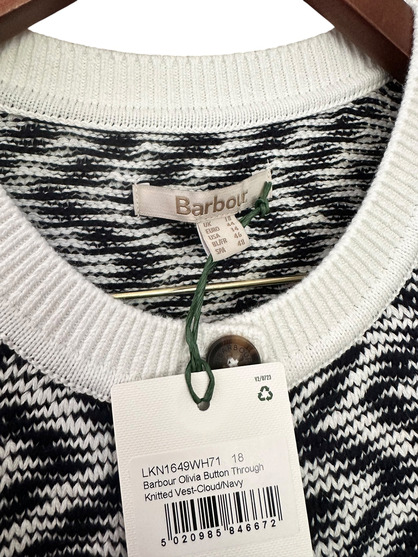 Barbour Olivia Button Through Knitted Vest - Cloud / Navy UK 18 RRP 104.99