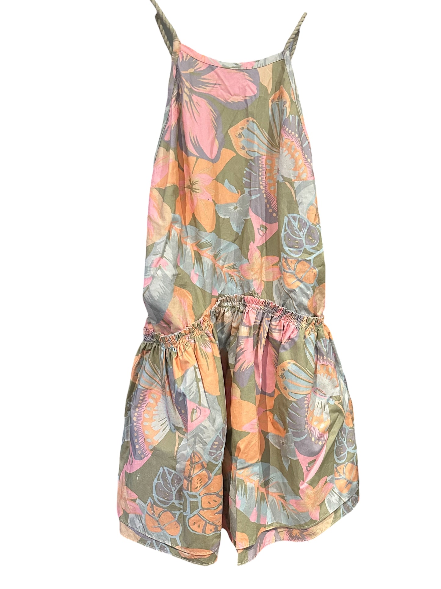 Free People Deserted Island Patterned Mini Dress Open Back - Khaki Soft Pink - Size S RRP 118