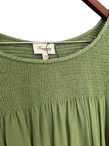 Temperley London Smocked Mini Dress in Green 100% Silk UK 10