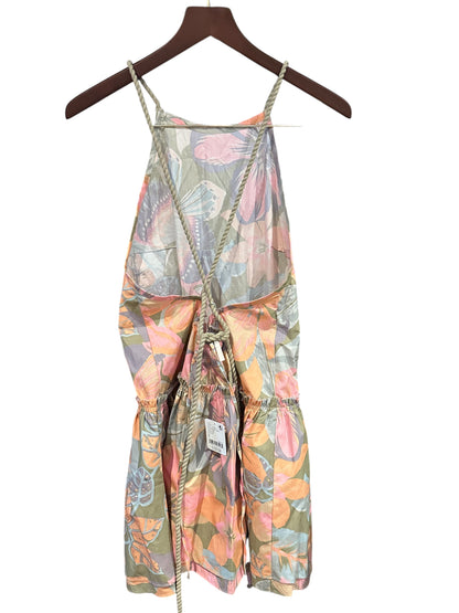 Free People Deserted Island Patterned Mini Dress Open Back - Khaki Soft Pink - Size S RRP 118