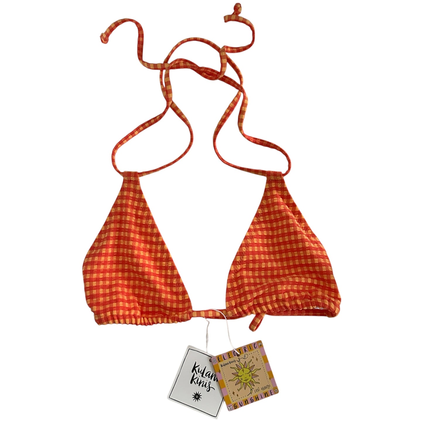 Kulani Kinis Halter Gingham Bikini Top Orange Honeysuckle - Size Large