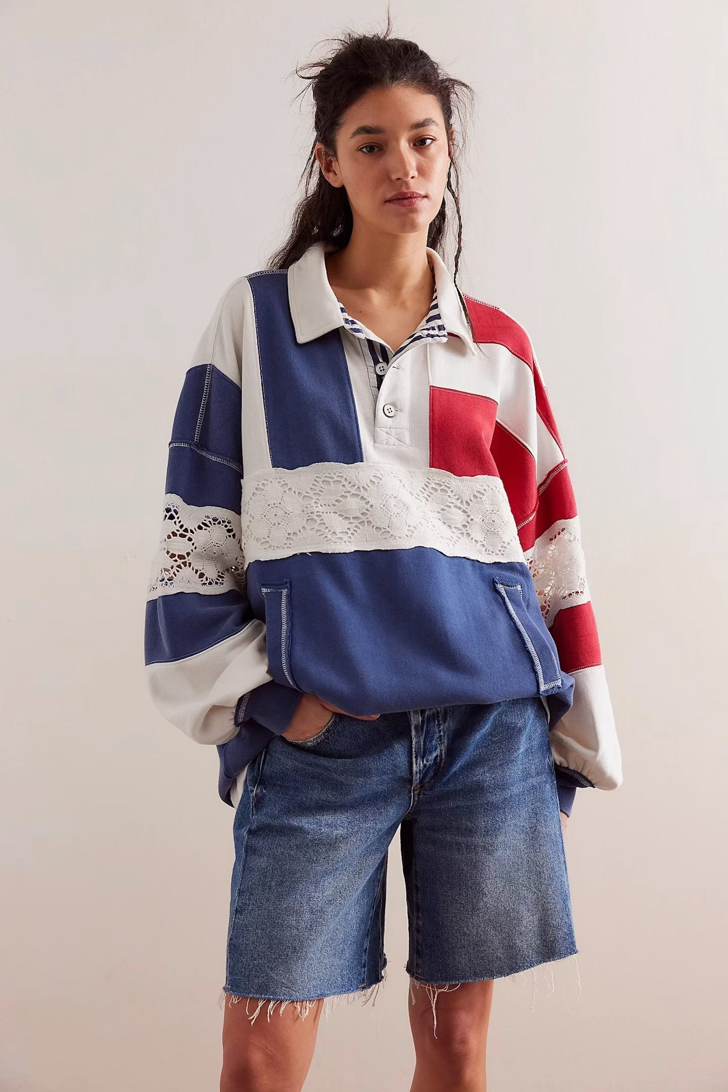 Free People American Dream Polo Shirt Red Navy White Jumper - Size S