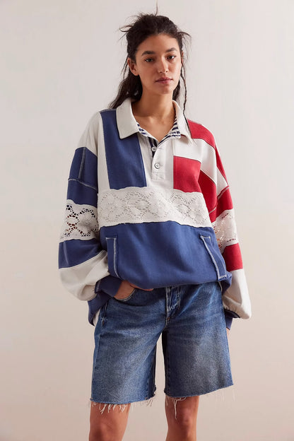 Free People American Dream Polo Shirt Red Navy White Jumper - Size S