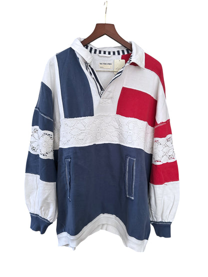 Free People American Dream Polo Shirt Red Navy White Jumper - Size S