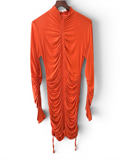 A.L.C. Women's Orange Nolan Zip Ruched Mock Neck Mini Dress Size XL UK 16-18