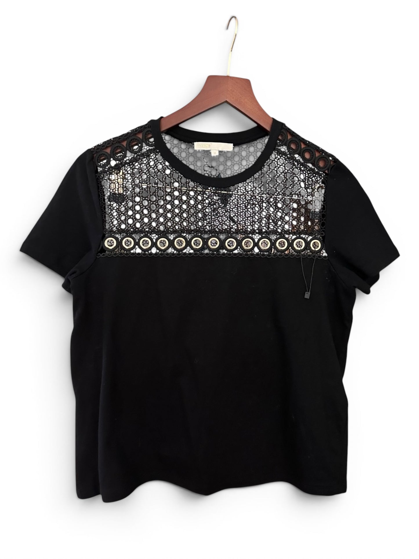 Maje Copper Eyelet & Lace Insert Top in Black Cotton - Size 3 UK 12
