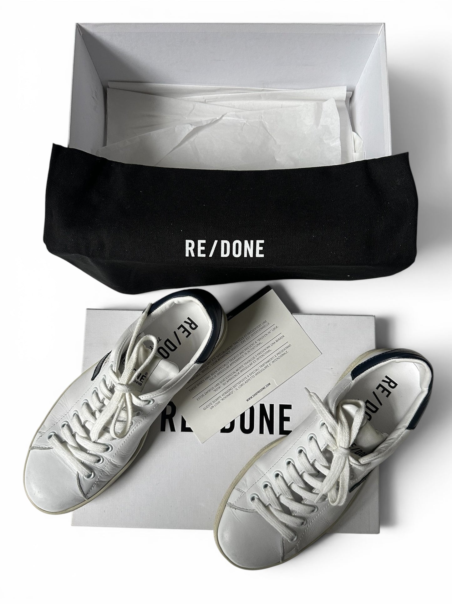 RE/DONE 70s Tennis Sneakers in distressed White leather / Navy Size 36 UK 3