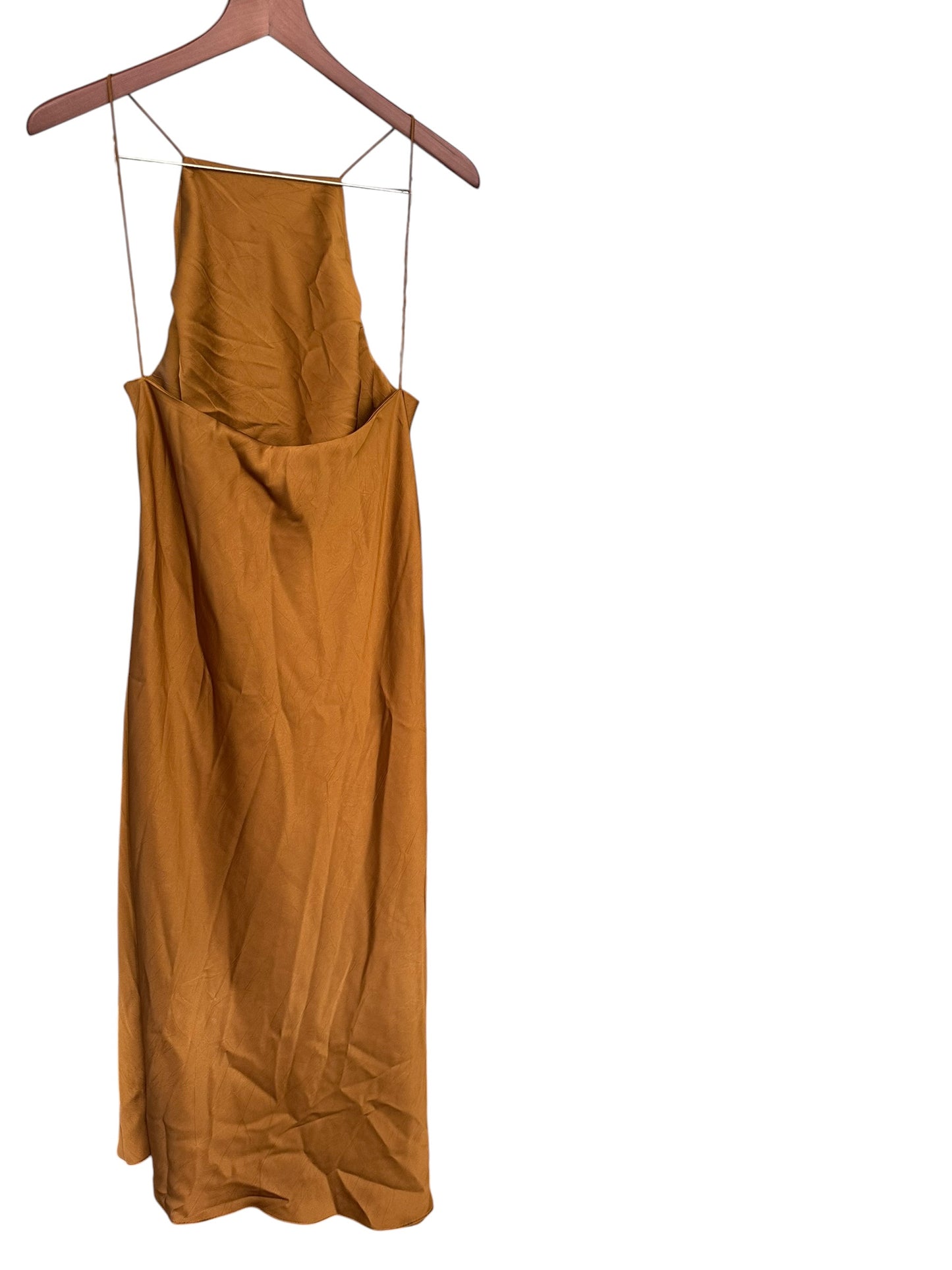 Massimo Dutti Bronze / Gold Satin Asymmetrical Hem Midi Dress - Size 42 UK 14