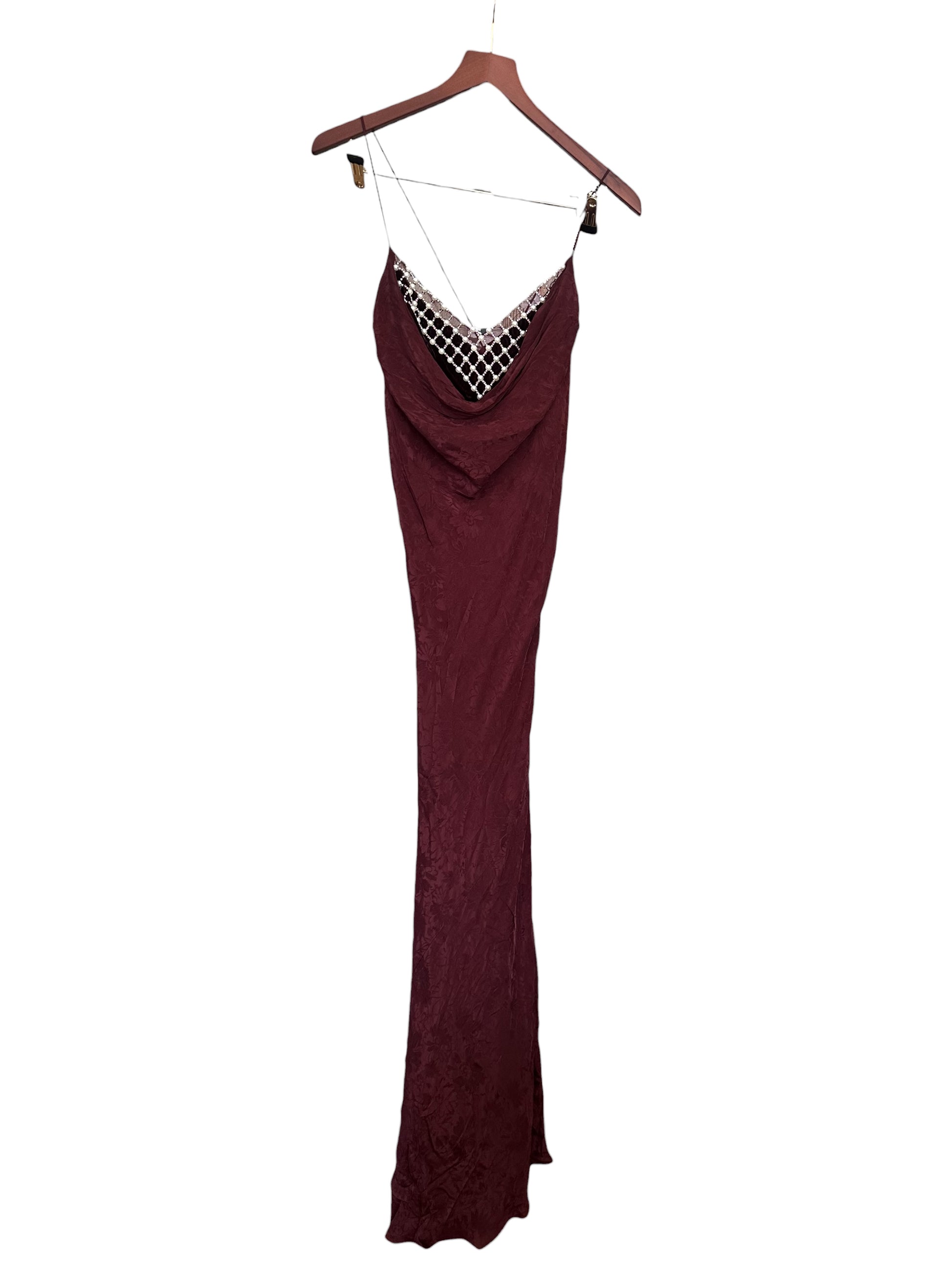 Anthropologie Burgundy Maxi Dress Satin Jacquard Pearl Neckline Size L